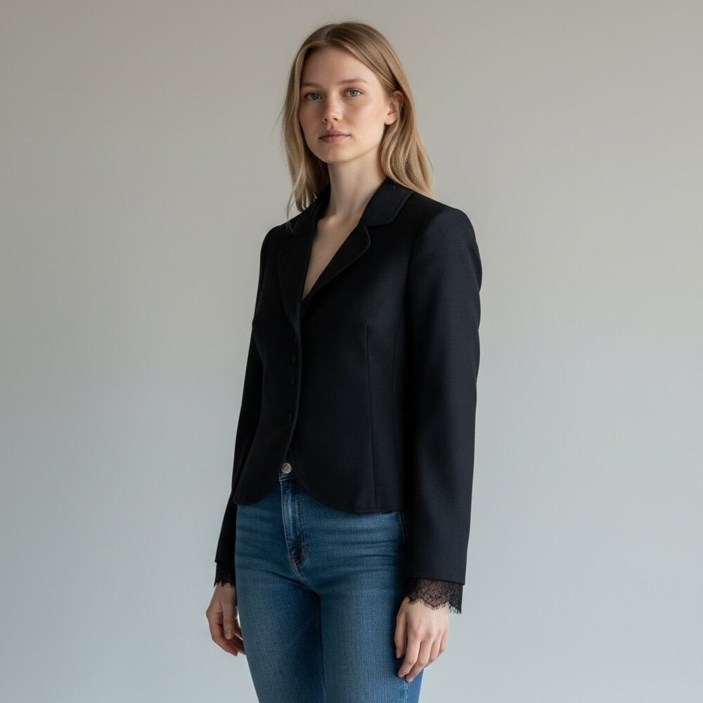 Rebecca Taylor Black Wool Blend Cropped Blazer 6 Jacket Lace Trim Ribbon Cuffs